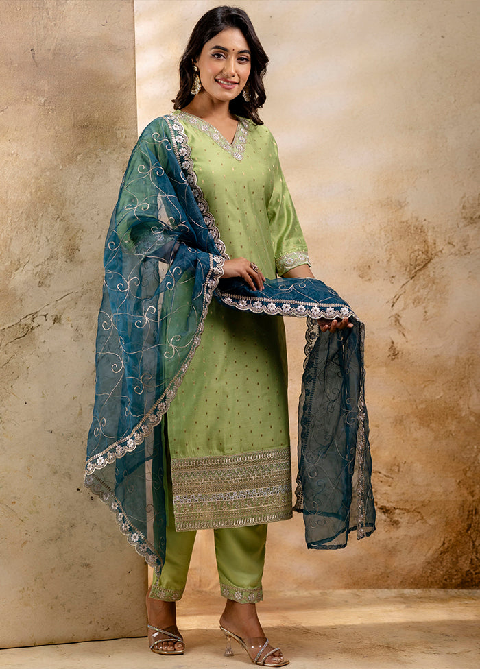 3 Pc Mehendi Readymade Chanderi Dupatta Suit Set