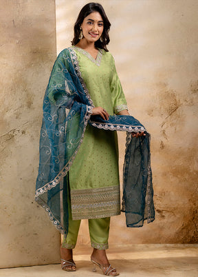 3 Pc Mehendi Readymade Chanderi Dupatta Suit Set