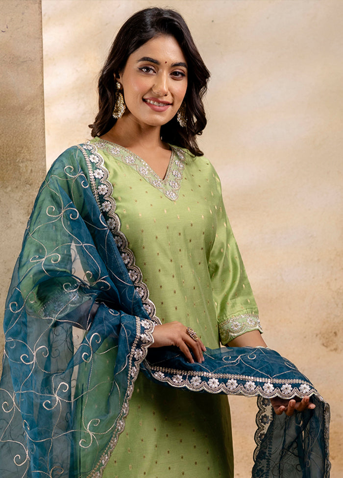 3 Pc Mehendi Readymade Chanderi Dupatta Suit Set