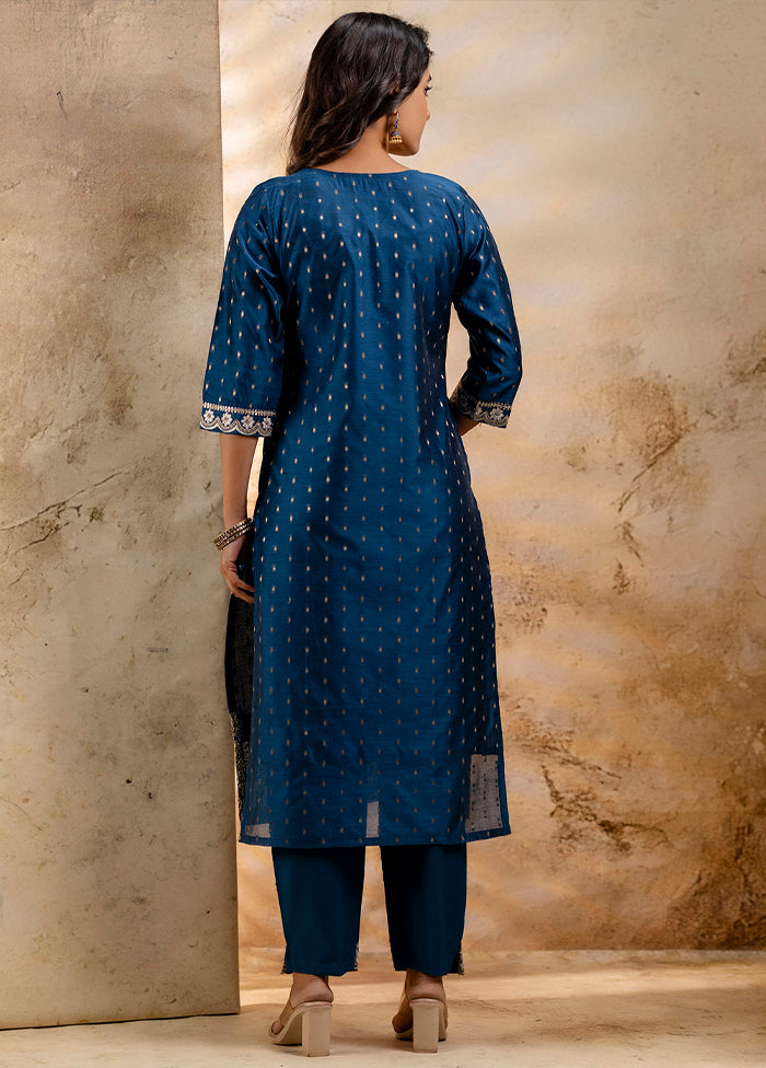 3 Pc Teal Readymade Chanderi Dupatta Suit Set