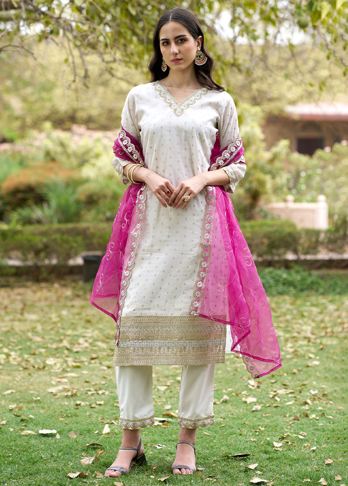 3 Pc White Readymade Chanderi Dupatta Suit Set