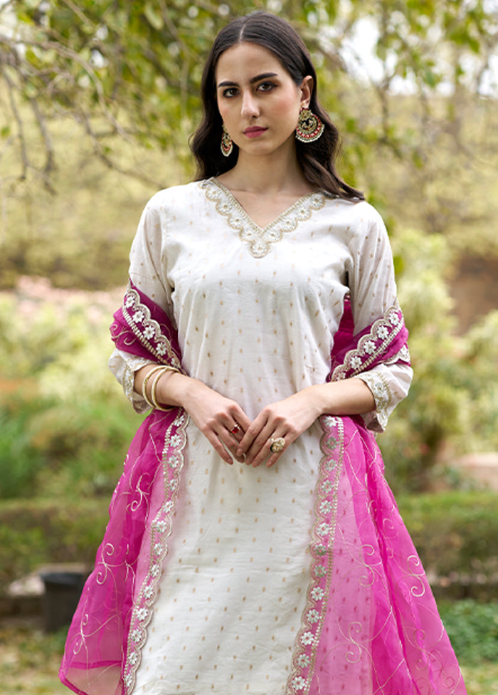 3 Pc White Readymade Chanderi Dupatta Suit Set