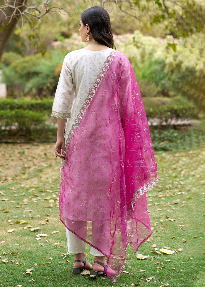 3 Pc White Readymade Chanderi Dupatta Suit Set