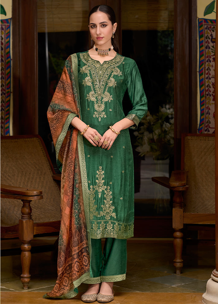 3 Pc Green Readymade Viscose Dupatta Suit Set