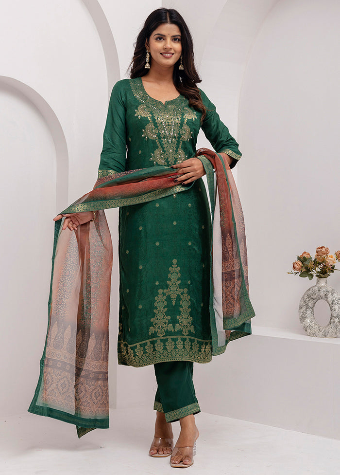 3 Pc Green Readymade Viscose Dupatta Suit Set