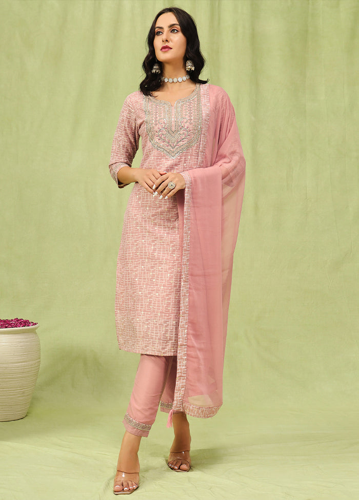 3 Pc Peach Readymade Chanderi Dupatta Suit Set