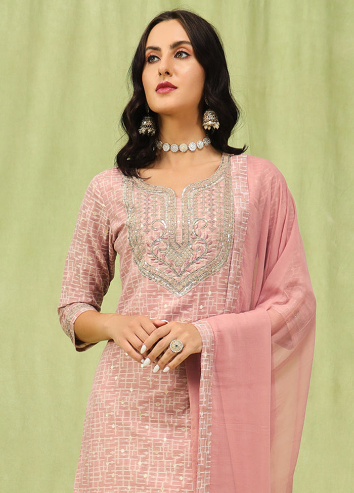 3 Pc Peach Readymade Chanderi Dupatta Suit Set