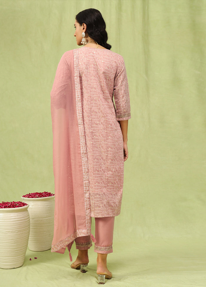 3 Pc Peach Readymade Chanderi Dupatta Suit Set