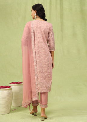 3 Pc Peach Readymade Chanderi Dupatta Suit Set