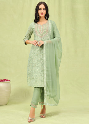 3 Pc Pista Green Readymade Chanderi Dupatta Suit Set