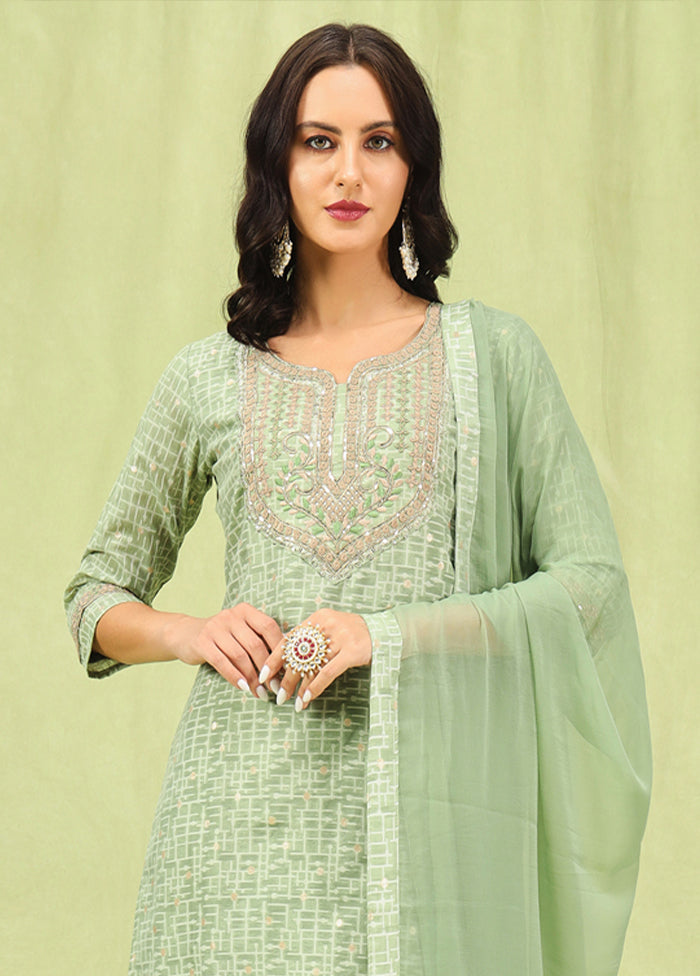 3 Pc Pista Green Readymade Chanderi Dupatta Suit Set