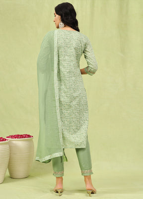 3 Pc Pista Green Readymade Chanderi Dupatta Suit Set
