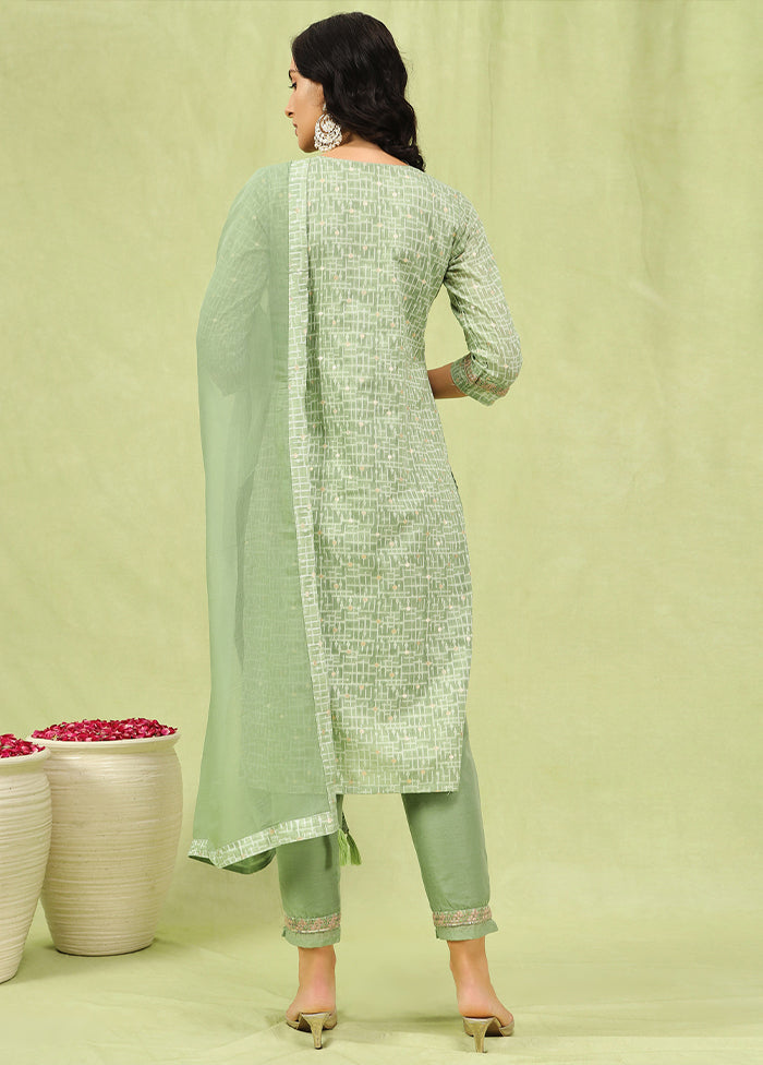 3 Pc Pista Green Readymade Chanderi Dupatta Suit Set