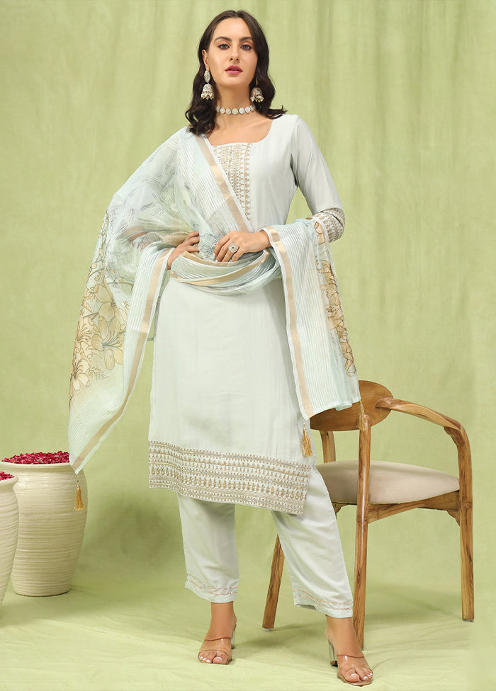 3 Pc Grey Readymade Viscose Dupatta Suit Set