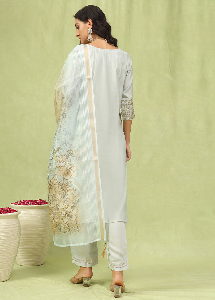 3 Pc Grey Readymade Viscose Dupatta Suit Set