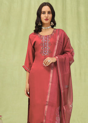 3 Pc Peach Readymade Viscose Dupatta Suit Set