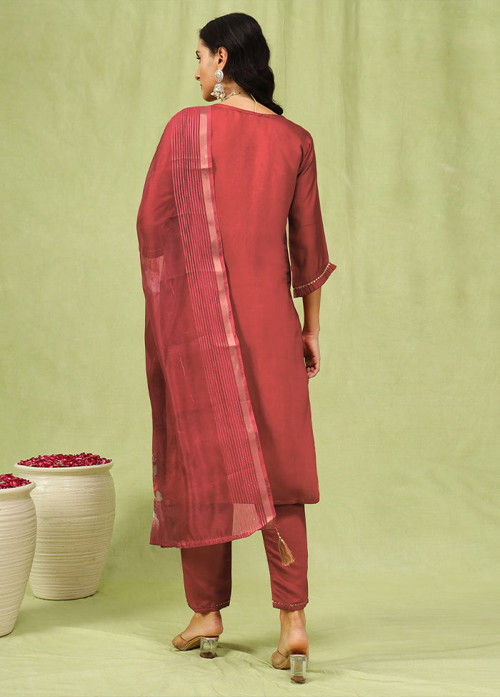 3 Pc Peach Readymade Viscose Dupatta Suit Set