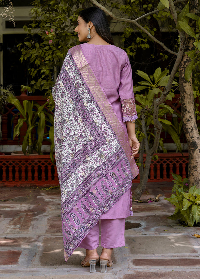 3 Pc Lavender Readymade Silk Dupatta Suit Set
