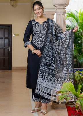 3 Pc Black Readymade Silk Dupatta Suit Set
