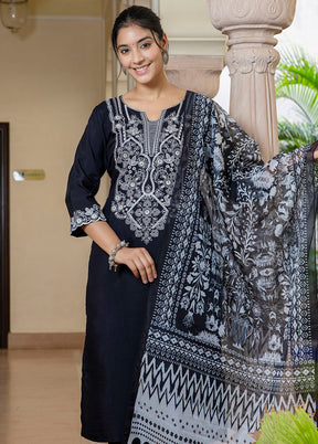 3 Pc Black Readymade Silk Dupatta Suit Set