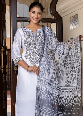3 Pc White Readymade Silk Dupatta Suit Set