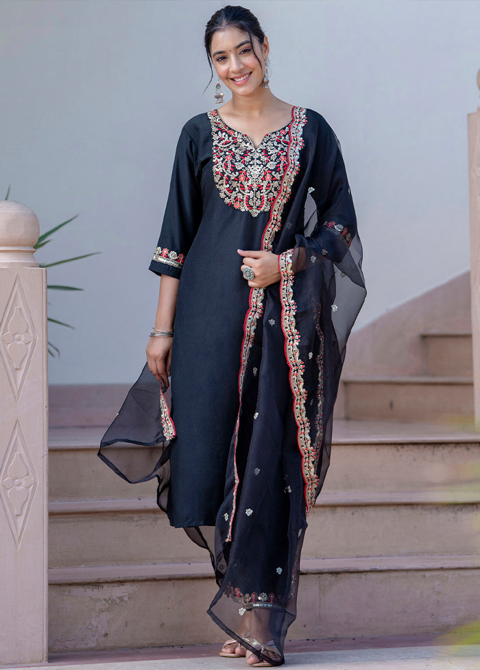 3 Pc Black Readymade Silk Dupatta Suit Set