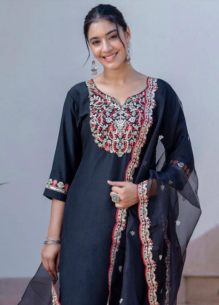 3 Pc Black Readymade Silk Dupatta Suit Set