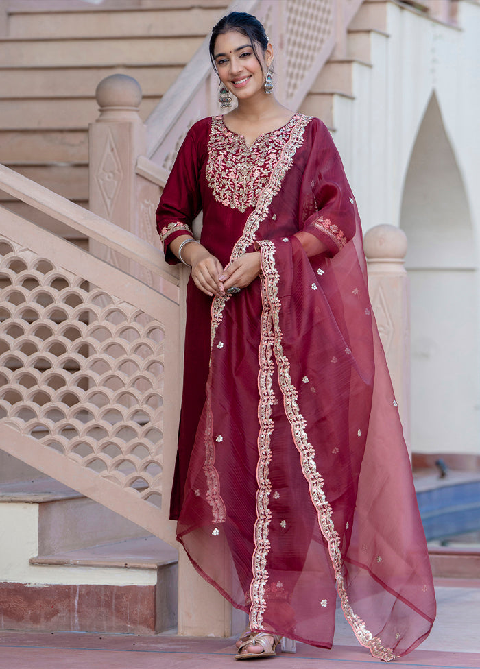 3 Pc Maroon Readymade Silk Dupatta Suit Set