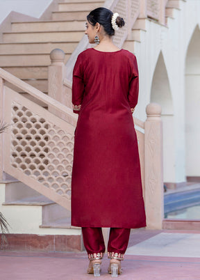 3 Pc Maroon Readymade Silk Dupatta Suit Set