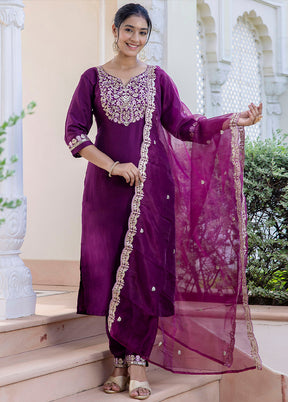 3 Pc Purple Readymade Silk Dupatta Suit Set