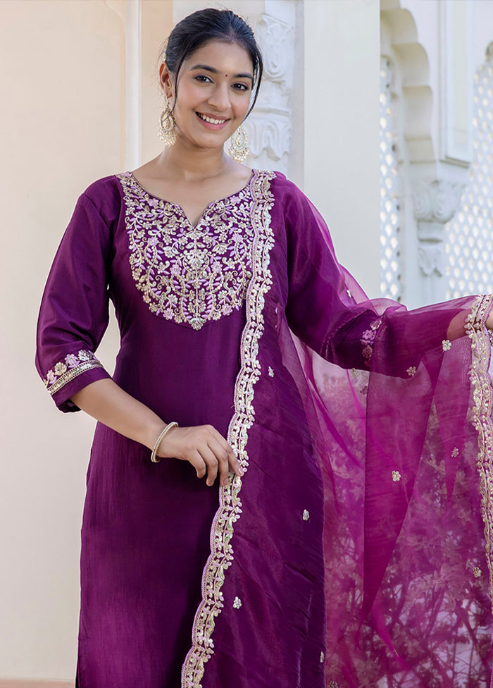 3 Pc Purple Readymade Silk Dupatta Suit Set