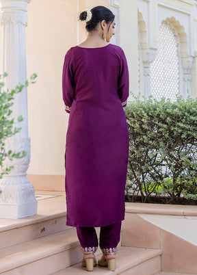 3 Pc Purple Readymade Silk Dupatta Suit Set