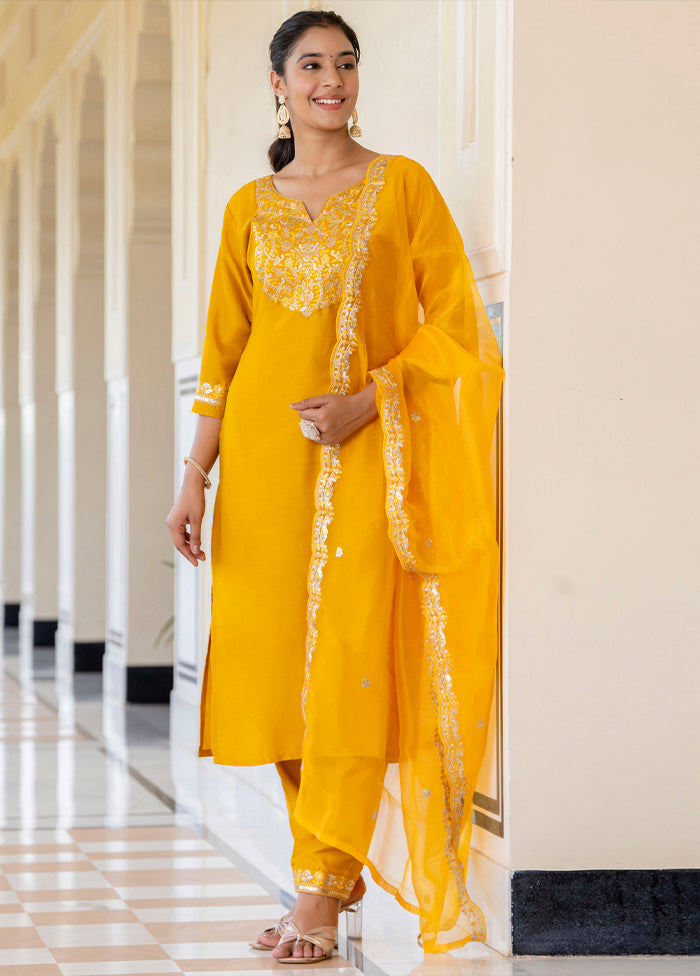 3 Pc Yellow Readymade Silk Dupatta Suit Set