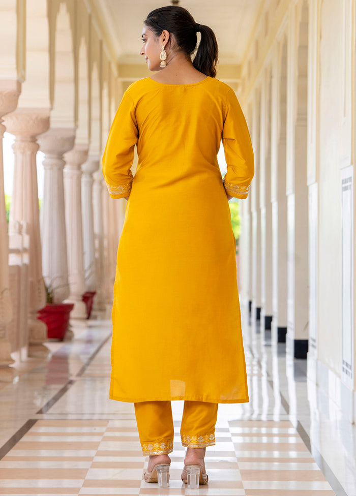 3 Pc Yellow Readymade Silk Dupatta Suit Set