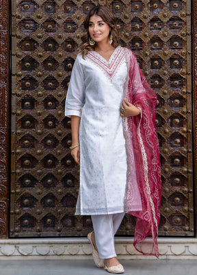 3 Pc White Readymade Chanderi Dupatta Suit Set