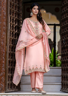 3 Pc Peach Readymade Silk Dupatta Suit Set