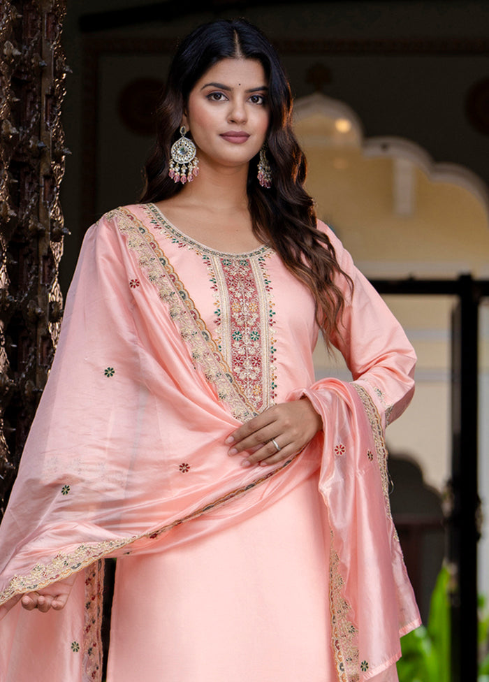 3 Pc Peach Readymade Silk Dupatta Suit Set
