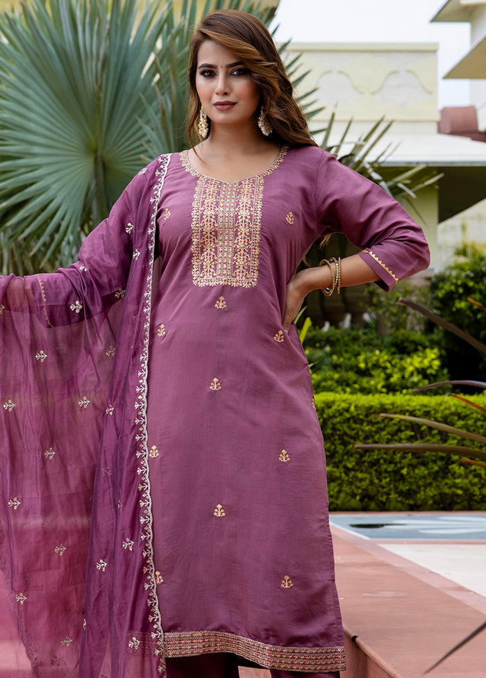 3 Pc Lavender Readymade Silk Dupatta Suit Set