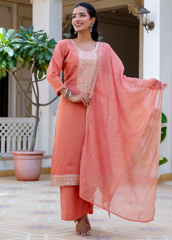 3 Pc Peach Readymade Silk Dupatta Suit Set