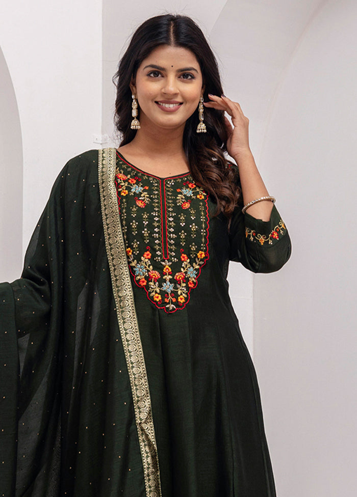 3 Pc Green Readymade Silk Dupatta Suit Set