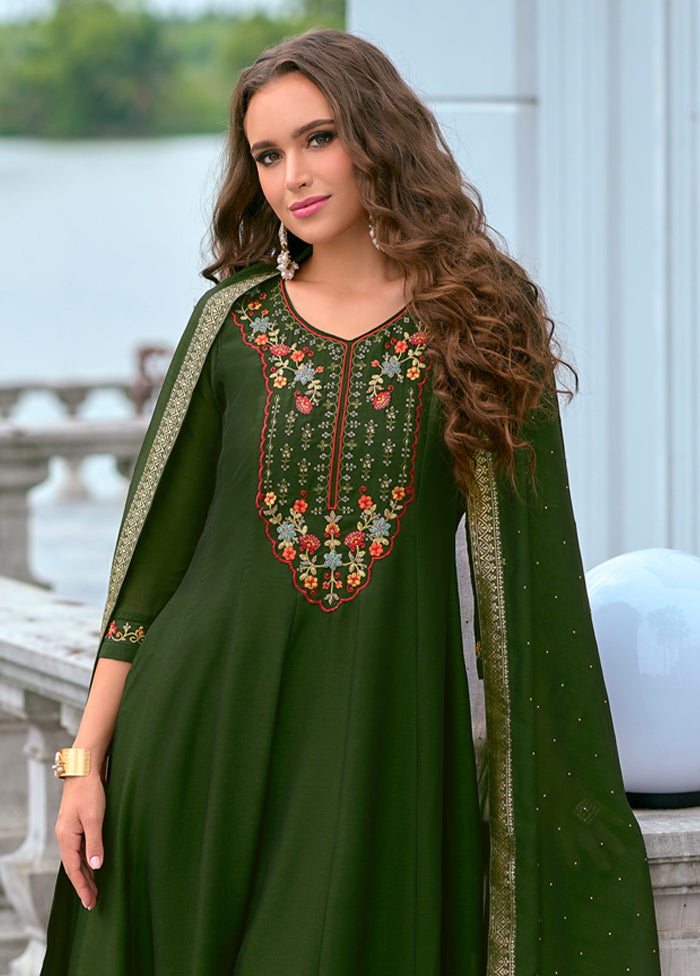 3 Pc Green Readymade Silk Dupatta Suit Set