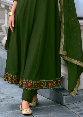3 Pc Green Readymade Silk Dupatta Suit Set