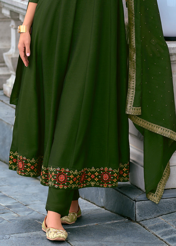 3 Pc Green Readymade Silk Dupatta Suit Set