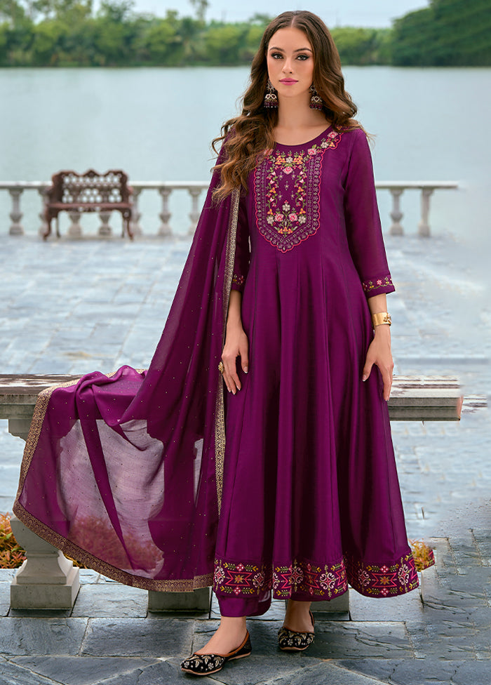 3 Pc Purple Readymade Silk Dupatta Suit Set