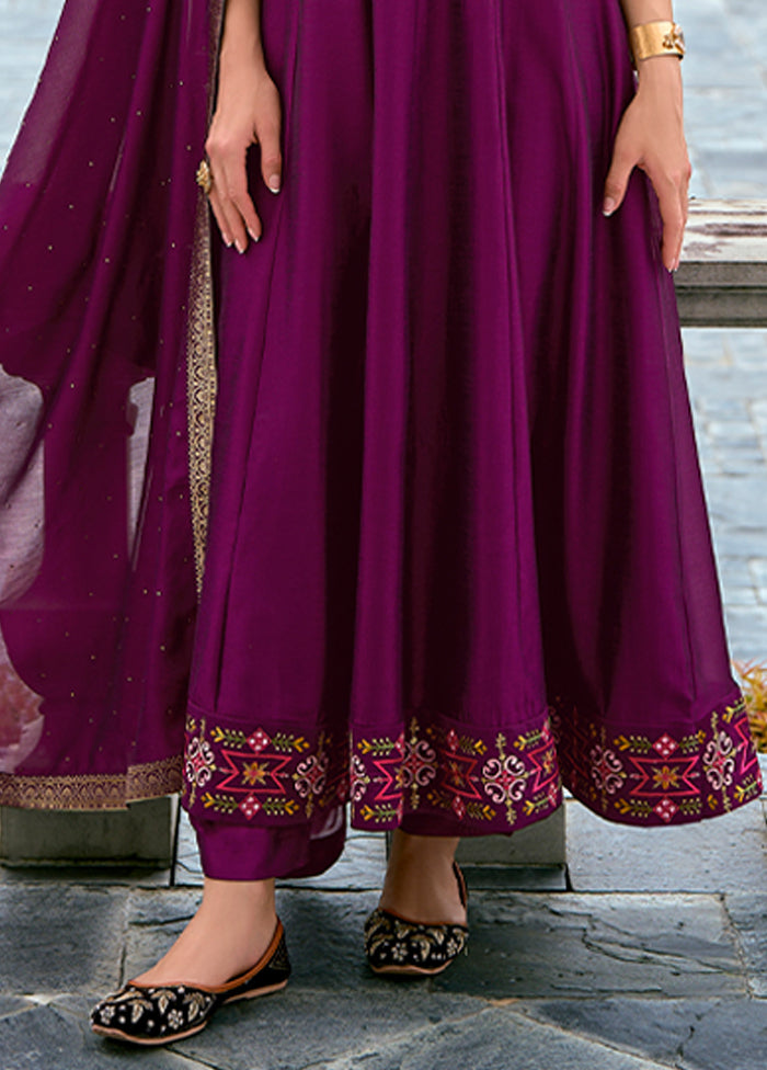 3 Pc Purple Readymade Silk Dupatta Suit Set