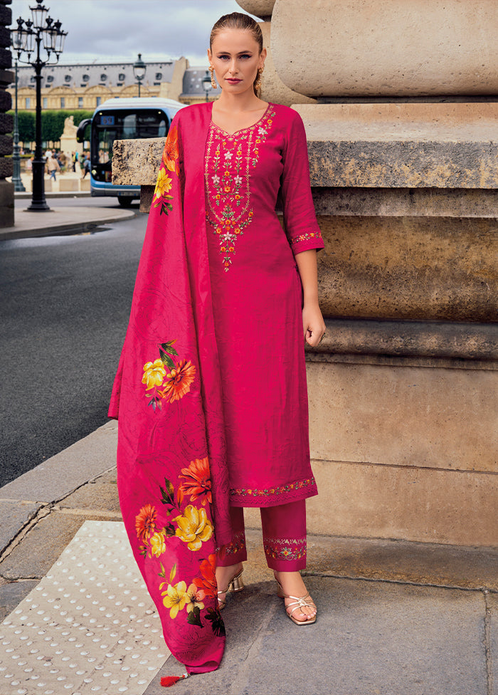 3 Pc Pink Readymade Viscose Dupatta Suit Set