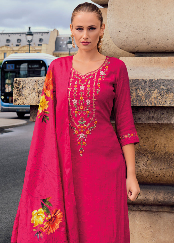 3 Pc Pink Readymade Viscose Dupatta Suit Set