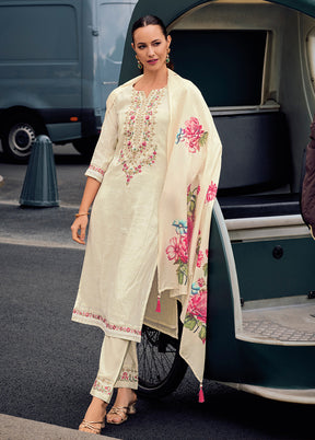 3 Pc White Readymade Viscose Dupatta Suit Set