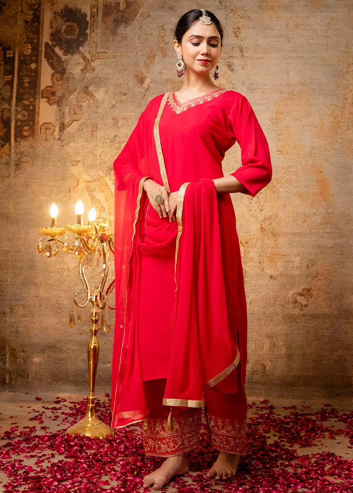 3 Pc Pink Readymade Silk Dupatta Suit Set