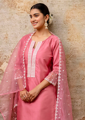 3 Pc Pink Readymade Silk Dupatta Suit Set